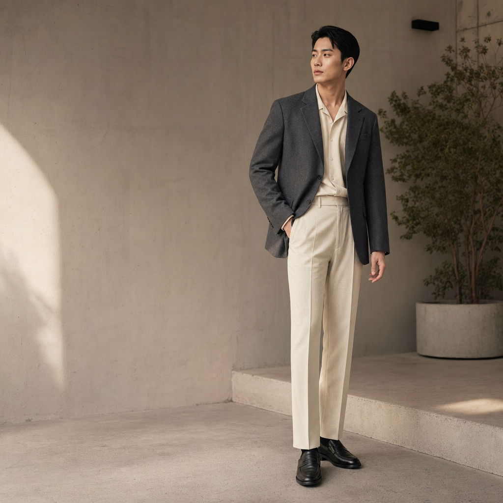 Người mẫu nam mặc blazer than và quần kem trong không gian tối giản