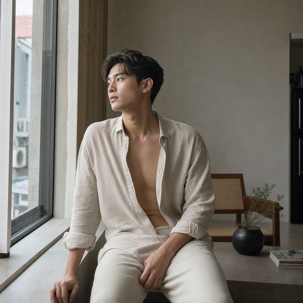 Người mẫu nam mặc sơ mi linen kem bên cửa sổ